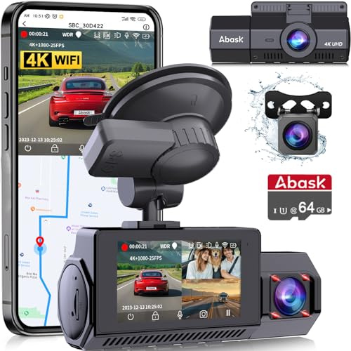 Abask 4K 2160P+1080P+1080P Dashcam Voiture Avant Arrière Intérieur,3 canaux WiFi GPS Camera Voiture,2.45'' IPS Caméra Embarquée Voiture avec Carte SD 64G,Grand Angle 170°,Vision Nocturne,WDR,G-Capteur