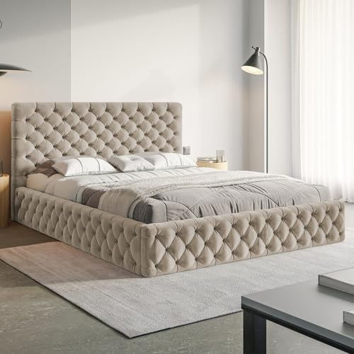 MOTIVENA Dalia Chesterfield Bett 160x200 Beige Samt, mit Stauraum, mit Kopfteil, mit Lattenrost, ohne Füße, ohne Matratze, Chesterfield Polsterbett 160x200 mit Bettkasten Beige