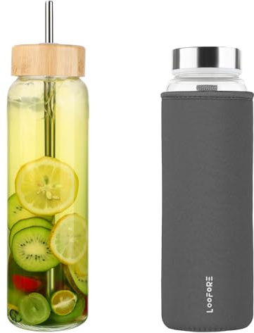 LOOFORE Glass Water Bottle 1000ml 1L with 2 Lids and Straw