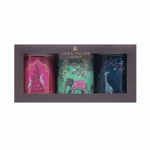 Sara Miller New India Set of 3 Round Tin Caddies, Decorative Storage Tins with Indian Motifs, 106mm Diameter x 150mm Height
