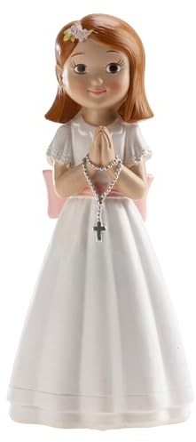 dekora – Cake topper comunione bambina con rosario e fiocco rosa 16 cm, Figura decorativa per torte di Prima Comunione