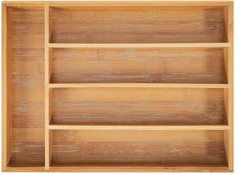 HOMSFOU Schmaler Bambus Schubladenorganizer mit 5 Multifunktionalen Fächern für Küchenbesteck zur Einfachen Aufbewahrung und Eleganten Küchenschubladen Organisation