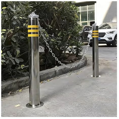 Dissuasore Parcheggio Bollard di sicurezza in acciaio inossidabile, barriera parcheggio riflettente con la catena 1m, utilizzata per costruzione e le aree sensibili al traffico(100x16.5cm/39.3x5.9in)