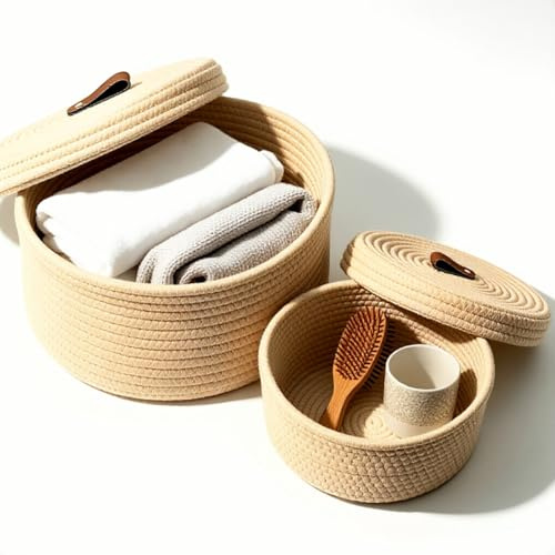 Jinfanshurich 2er-Set Baumwollseil Aufbewahrungskorb mit Deckel – 28×16,5 cm & 23×12,5 cm Korb Flechtkorb, Regalkorb für Wohnzimmer, Schlafzimmer, Kinderzimmer, Küche, Bad, Büro (Khaki)