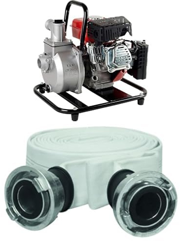 T.I.P. Benzin Wasserpumpe - Motor Gartenpumpe 15.000 l/h Fördermenge, 25 m Förderhöhe, 2,5 bar Druck, max. 1,8kW (2,5PS) Leistung + T.I.P. Bau- und Industriegewebeschlauch - Feuerwehrschlauch 15 m