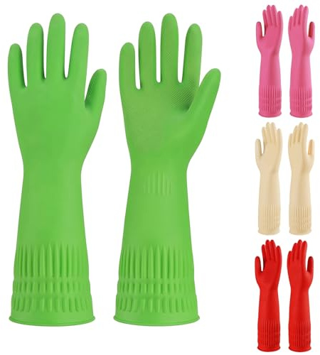 Fooduck 4 Pairs Heavy Duty Rubber Gloves for Dishwashing and Cleaning, 15Long Sleeve Kitchen Gloves with Non-Slip Grip, Waterproof Reusable Household Gloves for Gardening, Car Washing, Large