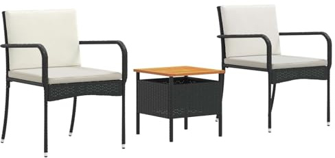Qnhdfrt Set di mobili da giardino con tavolo e cuscini in polyrattan e acciaio verniciato a polvere, gruppo di sedute con piano in legno di acacia oliato, per giardino, balcone e terrazza