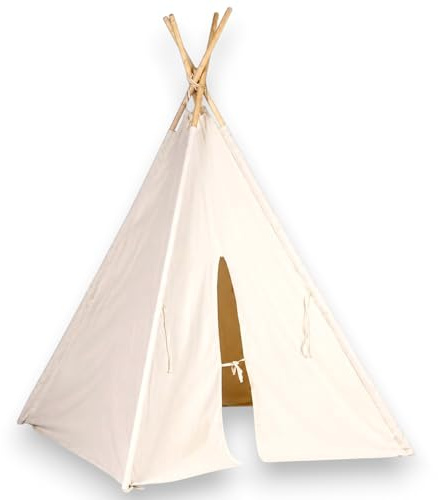 KORAT - Tenda Indiana per Bambini in Cotone Naturale con Pali in Legno di Pino – Teepee Gioco per Cameretta e Sala Giochi – Facile da Montare – 130x120x162 cm
