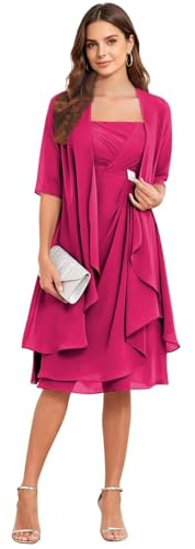 2-delad chiffong brudens mor klänningar för bröllop knälång veckad halvärm formell aftonklänning med jacka, fuchsia, 44