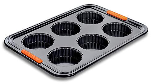 Le Creuset Stampo Antiaderente per 6 Crostatine, Resistente alle Sostanze Acide, Finitura in Acciaio al Carbonio, Antracite,Arancio, 94102939000000