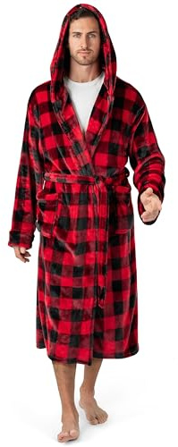 PAVILIA Mens Robe, Hooded Bathrobe for Men, Fleece Red and Black Robe for Men with Hood, Plush Long Male Robe with Pockets - Plaid Red Buffalo Check