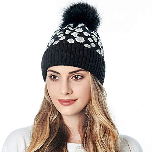 SEDEX mössa hatt för damer dubbla lager fleece linje vinter ribbstickade mössor med fuskpäls pom pom hatt