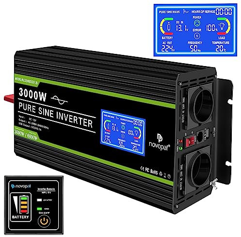 NOVOPAL 3000W Wechselrichter Spannungswandler 12v 230v Reiner Sinus mit LCD-Display und USB-Anschluss + 2AC Steckdosen mit USB-Ausgang und 5m-Fernbedienung