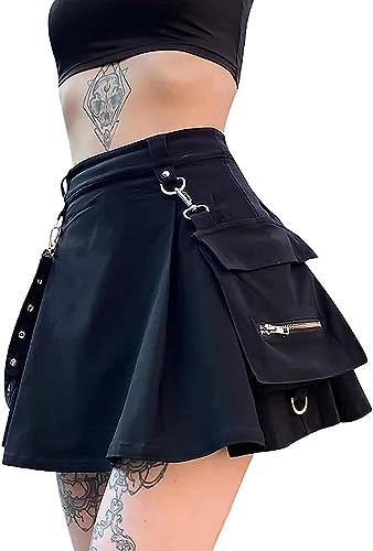Ruolai Goth Black Pleated Mini Skirt with Chain High Waisted Tennis Skirt Black L