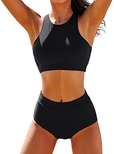 High Waisted Bikinis for Women High Neck Sporty Racerback Crop Top Swimsuit High Cut Two Piece Bathing Suit Black XS