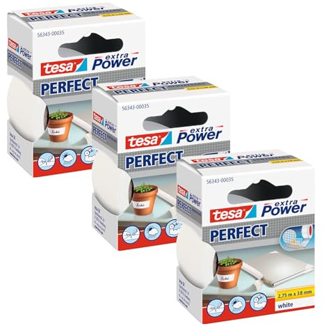 tesa extra Power Perfect Cinta de tela - 3 uds. - Blanca - 2,75 m x 38 mm | Cinta adhesiva reforzada con tejido - Para manualidades, reparar, fijar, reforzar y escribir - Interior y exterior