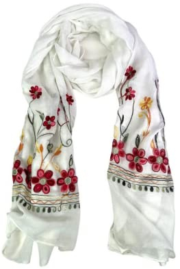 Humble Hilo Embroidered Floral Scarves Elegant Lightweight Colorful Shawl Wrap Scarf for Women (White)