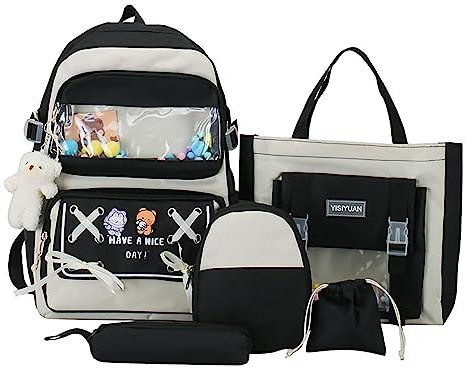 Teksome -Rucksack mit -Anstecknadel und Zubehör | 5-teiliges Schultaschen | Schultasche, Handtasche, Tragetasche, Ästhetik-Rucksack für Teenager