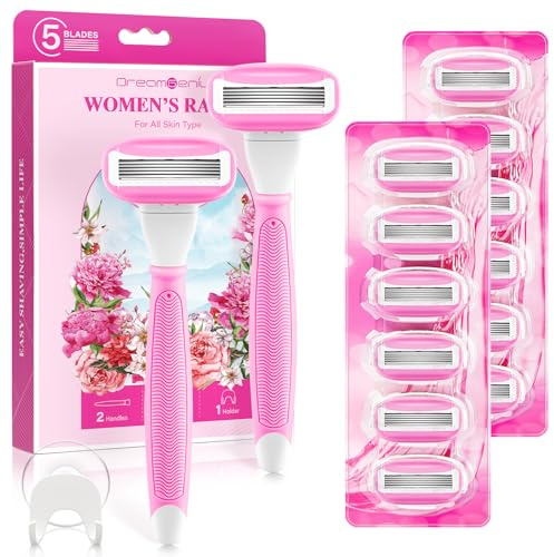 Razors for Women Include 2 Non-Slip Handles and 14 Blade Refills with a Shower Holder, 5 Premium Blades Women's Razors for Shaving with 360° Lubrication Reduces Irritation, Pink