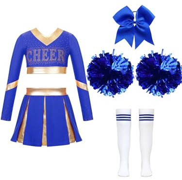 Hedmy Mädchen Cheerleading Tanz Outfit Kinder 2tlg Langarm Crop Tops Mit Rock Pompoms Socken Karneval Fasching Party Verkleidung EIN blaues 134-140