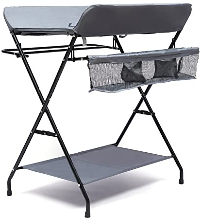 Wickeltisch Klappbarer und Tragbarer, Wickelkommode Baby Wickeltisch mit Wickelauflage, Sicherheitsgurt und Ablagefächern, platzsparend & stabil 80 * 63 * 96cm (Grau)