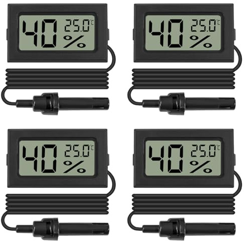 4PCS Mini Digital Thermometer Hygrometer Temperatur Luftfeuchtigkeit Monitor mit externen Fühler LCD Monitor Indoor Outdoor Messgerät für Auto Gewächshaus Haus Büro Wohnzimmer -schwarz