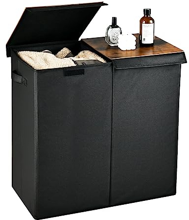 GOPLUS Wäschekorb 2 Fächer, 105L Wäschesammler mit Deckel & Wäschesäcken, tragbarer Wäschesortierer mit Griffen, für Schlafzimmer, Badezimmer, 62 x 31 x 60cm (Schwarz)