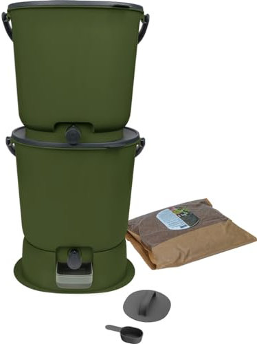 Lot de 2 composteurs Bokashi Essential 15,3L+1kg de Brain+1 Base-Olive