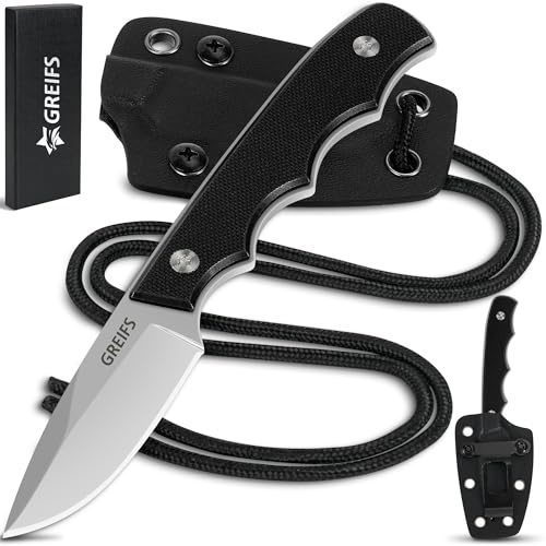 GREIFS® Neck Knife Messer NEXUS mit Kydex Scheide, Clip+Paracord zum Umhängen oder Einstecken, Tactical Survival EDC Outdoor Messer versteckt Tragen - Legal in Deutschland - 42a konform (Silver-Black)