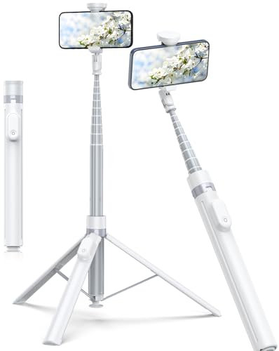 TONEOF 180cm Perche Selfie Trépied à Ouverture Automatique,Monopods Trepied Téléphone avec Télécommande Magnétique Rechargeable,Support Rotatif à 360° à 2 Axes,Trépied Stable pour iPhone/Android-Blanc