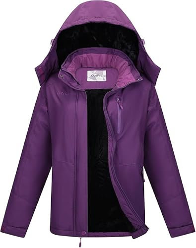 OutPro Skijacke Damen mit Wasserdichte Regenjacke Winddicht Warm Winterjacke Hooded Abnehmbarer, mit Reißverschlusstaschen Snowboardjacke Geeignet für Outdoor-Aktivitäten, Skifahren Violett M