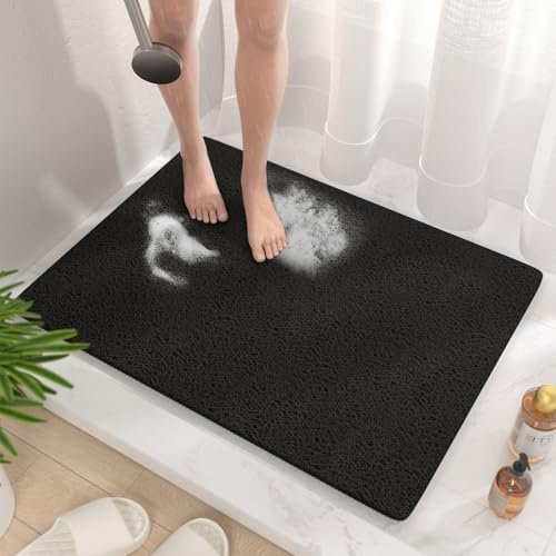 HITSLAM Duschmatte rutschfest, 80x60cm Badewannenmatte rutschfest mit Ablauf, Weiche PVC-Luffa Antirutschmatte Badewanne, Schnell Trocknende Badematte, Schwarz