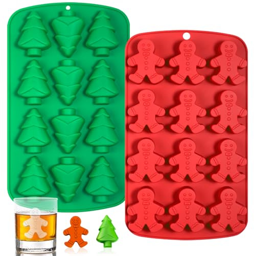 Kamehame Eiswürfelform Silikon Weihnachten 2 Stück Silikonform Weihnachten Schokoladenform Weihnachtsbaum Silikonform Lebkuchenmann Eiswürfelform Backform für Eiswürfel Pralinen Gelee Süßigkeiten
