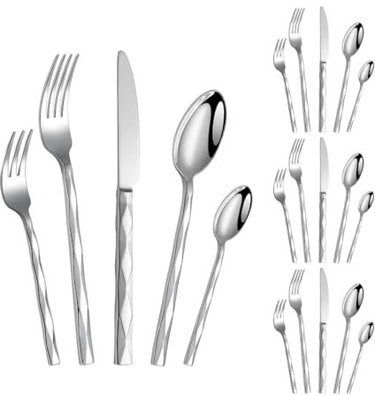 Geschmiedeter Diamantgriff Küche Edelstahl Silberbesteck Geschirr Besteck Set Steakmesser Gabel Löffel Teelöffel (Silber,20 Stück)