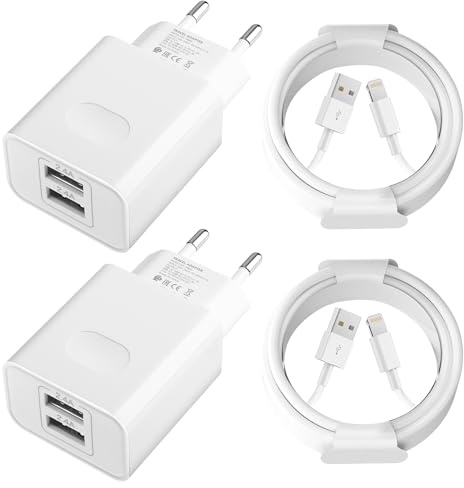 [Apple MFi-Certifierad] 2-Pack 12W USB-Laddare, 5V/2,4A 2-Ports Strömadapter USB-Kontakt med Laddningskabel 1,5M USB Lightning-Kabel för iPhone 14/13/12/11 Pro/XS/XR/SE/X/8/7 Plus/6/iPad