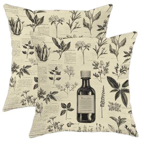 Herbal Pillow Covers Set of 2, Vintage Botanical Print Throw Pillow Cases, Home Decorative Square Rustic Decor Cushion Covers for Living Room Sofa Bed 20x20 Inch