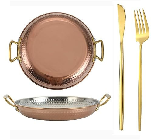 Yiustldd Paellera Española Ovalada, Sartén Antiadherente de Acero Inoxidable Sin Revestimiento con Asas Dobles para Casa Restaurante Camping Exterior,24cm