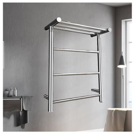 Electric Stainless Steel Heated Towel Racks Wall Mounted with Top Shelf 4 Bars Towel Warmer Radiator Gold Finish Plug in Right