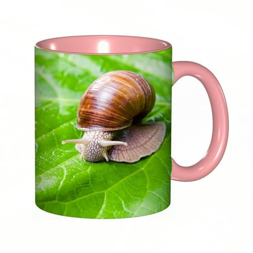 EKLMPS Becher aus Keramik, Ideal als Geschenk, Hochwertiger Aufdruck, Tasse mit Motiv, Tee Becher, Coffee Cup, 330ml,Rutschiger Schleim im Freien Schnecke langsam Essen Blätter Tiere Wildlife Shell