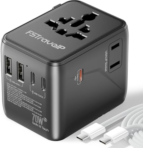 Universal Travel Adapter 70W Fast Charge, Travel Plug Adapter Worldwide with 5 USB Ports (2 USB C), Universal Plug Adaptor UK to World, Dual10A Fuses Travel Adapter Wall Charger for (Type A, C, G, I)