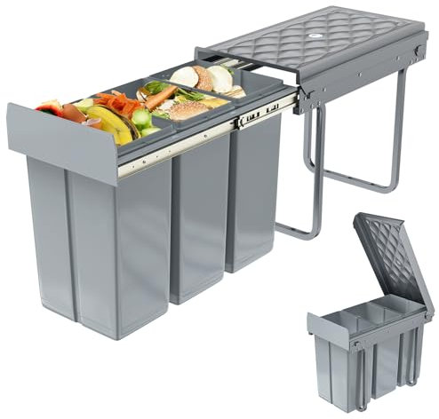 YUENFONG Cubo de basura empotrable con 3 compartimentos, 3 x 10 litros, con rieles telescópicos, sistema de separación de basura, 48 x 26 x 41,8 cm