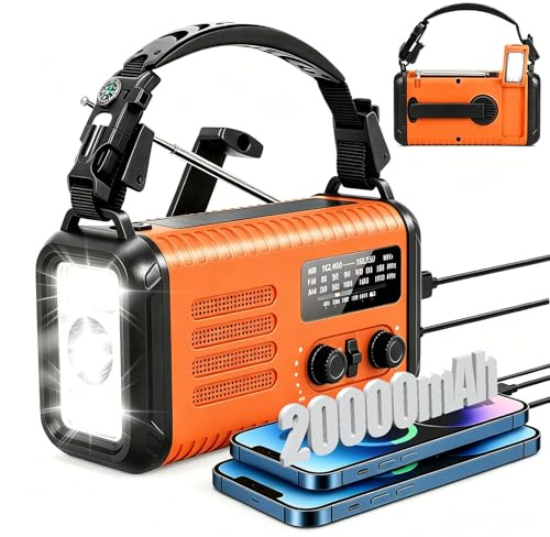Radio d'urgence 20000mAh, Solaire/Manivelle AM/FM/NOAA, Chargeur Tél., SOS | 74000mWh Autonomie dynamo & solaire: lampe torche, lampe lecture, sirène, charge USB, prise casque. Pour camping, urgences.