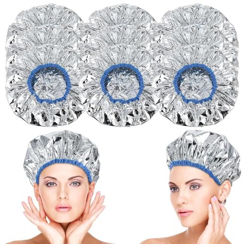 ZUWIJEQ 9 Pezzi Cuffia Termica per Capelli in Alluminio Cuffia Riscaldante per cura dei capelli Cuffia Doccia Riutilizzabile Impermeabile Cuffia da Bagno Elastica Cuffia Capelli Trattamenti