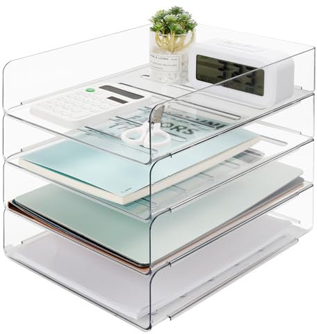 Aevcvok 4 Pezzi Organizer Scrivania Ufficio Impilabile, Portadocumenti da Scrivania Trasparent in PET, Porta Fogli A4 da Scrivania, Organizzatore Scrivania per Documenti Libri Rivista