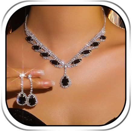 Ushiny Brautschmuck Set Schwarz Hochzeit Schmuck Halskette und Ohrring Set Glitter Braut Zubehör für Frauen