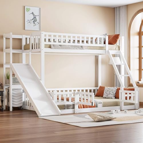 HYUB Etagenbett Kinderbett 90x200 und 140x200 cm mit Lattenrost und Rutsche, Stockbett mit Rausfallschutz und Regalen, Bett für Kinder und Jugendliche, Weiß
