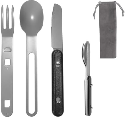 HONZIN Ensemble de Couverts de Camping 3 en 1 Vaisselle en Acier Inoxydable de Couverts Détachable en Plein Air, Kit à Couteau Fourchette Cuillère, Voyage Portable Couverts, Avec Pochette à Cordon