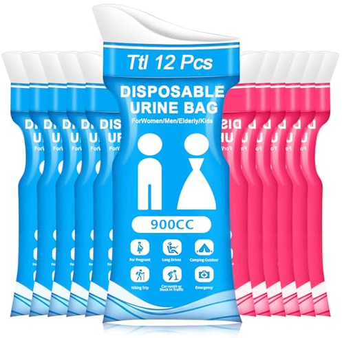Disposable Urine Bag for Women- 900ML Pee Bags for Women Men 12/24pcs Emergency Vomit Bags Urinal Toilet for Car Camping, Road Trip,Traffic Jam, Pregnant, Kid (12pcs Blue and 12pcs Rose red)