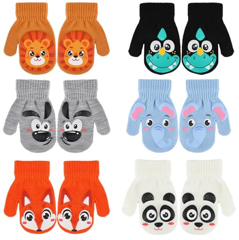 QKURT 6 Paar Kinderhandschuhe, Kinder Magic Stretch Handschuhe Strick Warme Weiche Strickhandschuhe Winterhandschuhe mit Cartoon-Motiven für Jungen und Mädchen