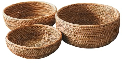 Bread Baskets for Serving 3Pcs Round Woven Rattan Basket, Natural Bread Storage and Fruit Organizer for Kitchen Counter, Dining Room, Café, Shop Display
